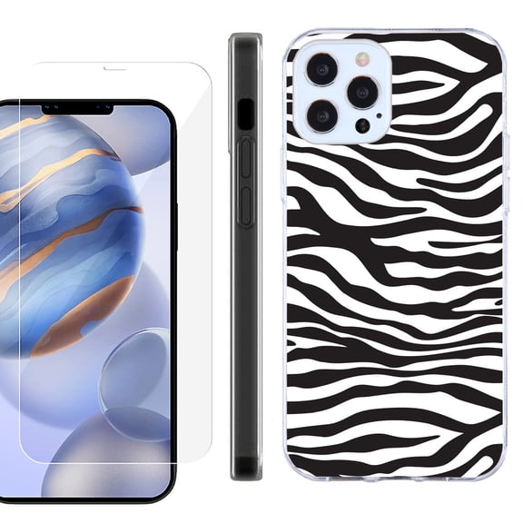 Slim Fit Protective Phone Case for Apple iPhone 12 / iPhone 12 Pro, with Tempered Glass Screen Protector, by OneToughShield ® - Zebra B/W