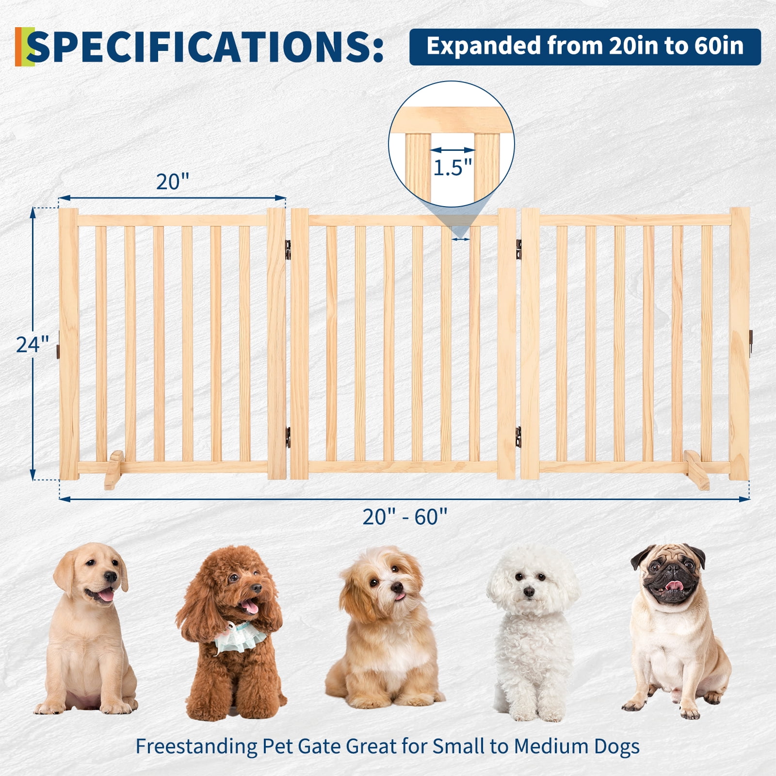 Freestanding Pet Gate, Wooden Dog Fence with 2 Support Feet, Collapsible Dog Gate for Indoor, Stairs, Doorway, Hall, Kitchen, Step-Over Safety Pet Barrier, Paint-Free, 3 Panel H:24"