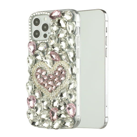Designed for Apple iPhone 15 (6.1") Bling Crystal 3D Full Diamonds Luxury Sparkle Rhinestone Hybrid Protective Phone Case Cover [Pink Pearl Heart]