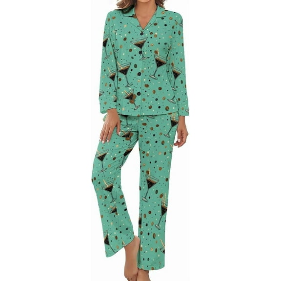 Top-kevin Womens Pajamas Set Martini Glasses Coffee Soft Long Sleeve Sleepwear Button Down Sets