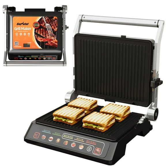 Heynemo Indoor Electric Grill 1600W, Double-Sided Panini Press & Griddle with Removable Nonstick Plates, Preset Menu, Easy Clean