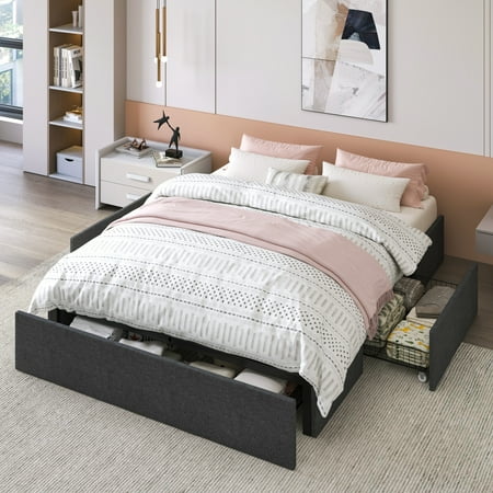 Allewie Queen Size Platform Bed Frame with 3 Storage Drawers, Fabric Upholstered, Dark Grey