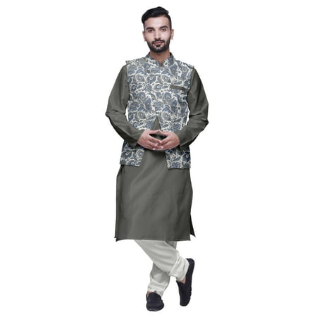 

Atasi Men Mandarin Collar Solid Kurta Churidar Pajama & Printed Nehru Jacket Set