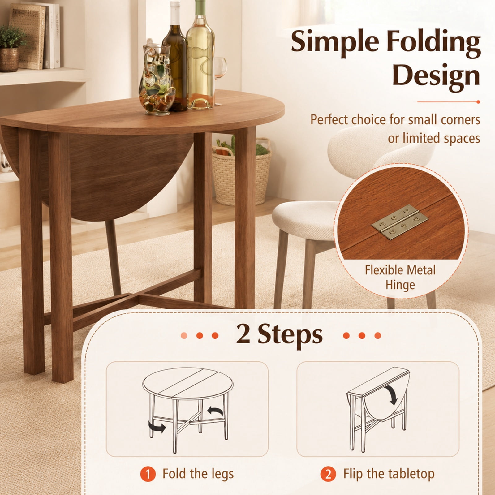 Furnibear Dual Drop Leaf Dining Table for Small Spaces with Solid Rubber Wood Frame and Folding Design for Kitchen, Walnut