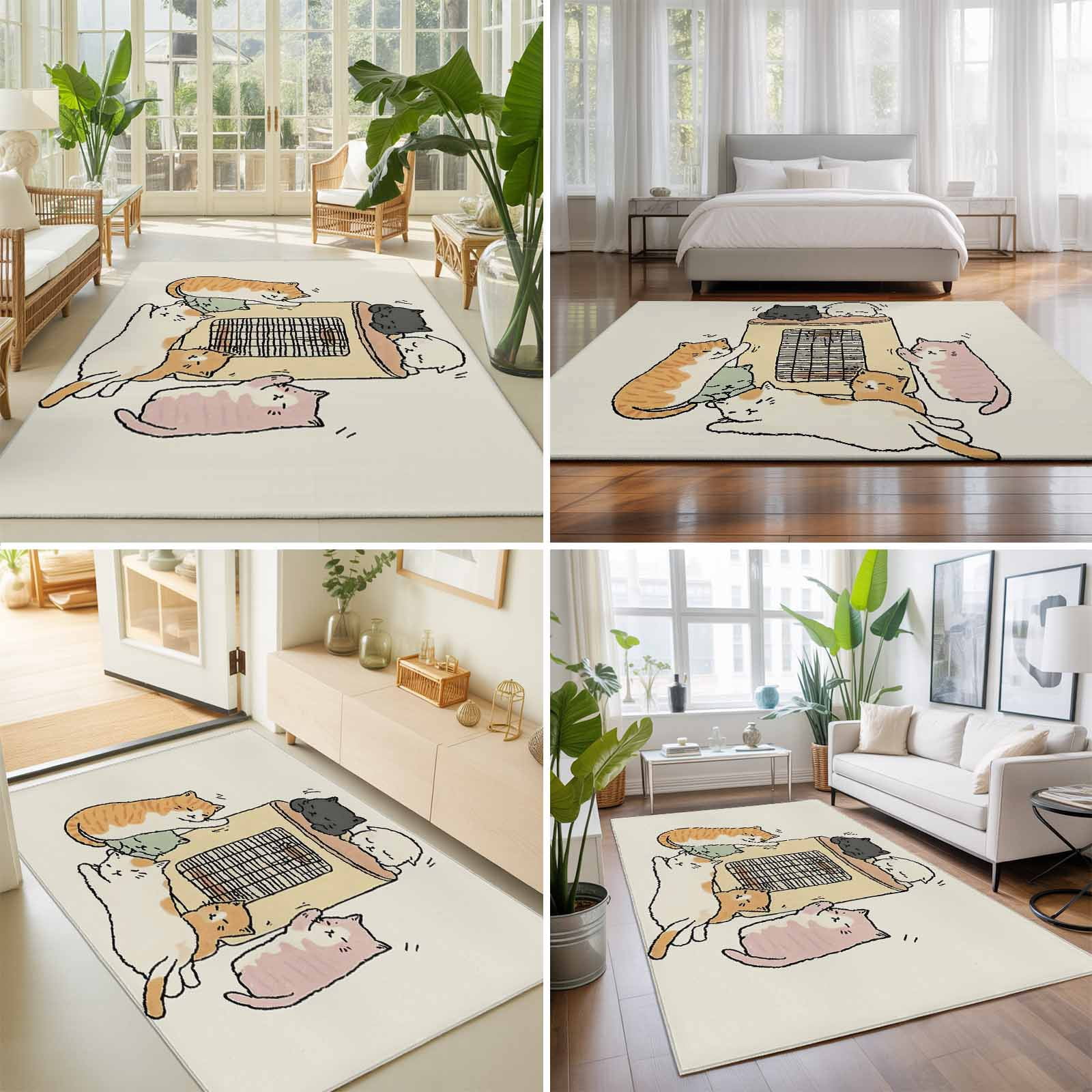 Area Rugs 5'x7', Beige Cute Cat Carpet Runner Indoor Outdoor Rugs Home Decor Aesthetic, Cartoon Funny Heater Cats Non Slip Mats Washable Accent Rug for Living Room Bedroom