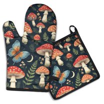 Mushroom Butterfly Pattern Kitchen Oven Mitt and Pot Holder Sets 2 Pcs for Baking, Cooking and Grilling, Heat Resistant Up To 392 °F