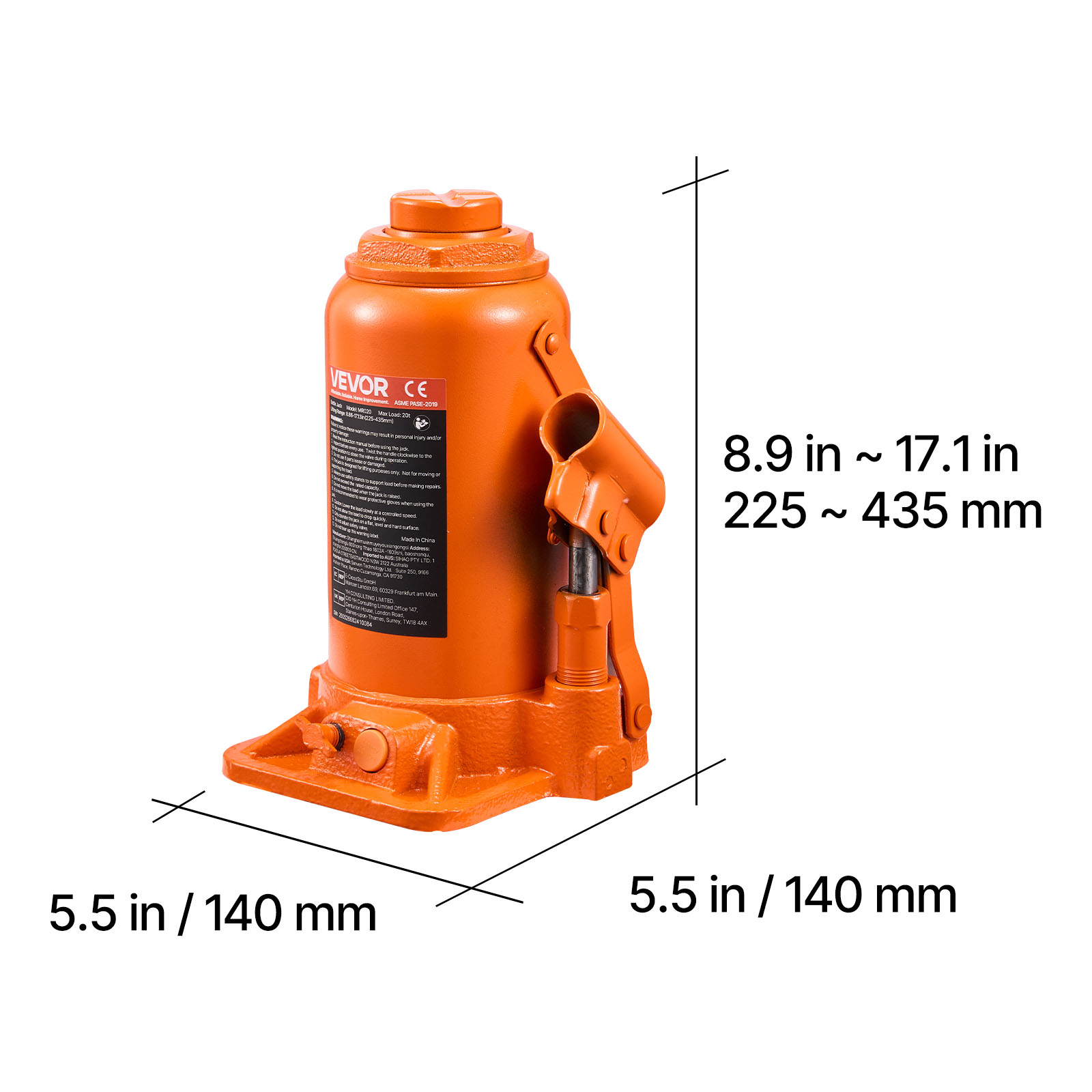 VEVOR Hydraulic Bottle Jack, 20 Ton (44092 lbs) Capacity, 8.9-17.1 Inch Lifting Range, Heavy Duty Welded Bottle Jack