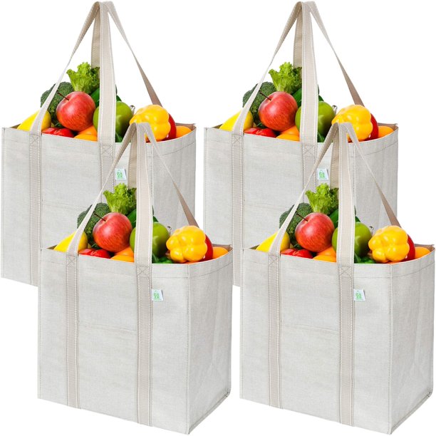4 Pack Reusable Grocery Shopping Bag w/ Hard bottom, Foldable