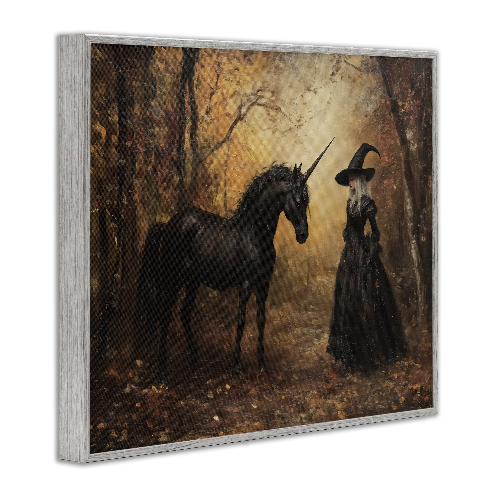 Witch & Black Unicorn Gray Framed Giclee Art, design by Arlington Prints