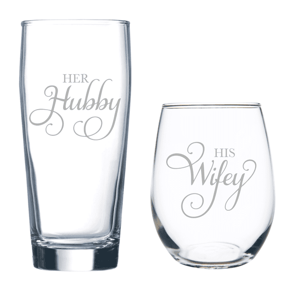 C&M Personal Gifts Her Hubby 20 oz. Beer and His Wifey 15 oz. Stemless Wine Glass Set of 2 - Gift for Weddings, Engagements, Couple Gift