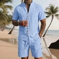 thumbnail image 2 of HBGVBA Men Solid Color Casual Vintage Linen Elastic Waist Shorts Button Stand Collar Pocket Short Sleeve Shirt 2 Piece Beach Set, 2 of 5