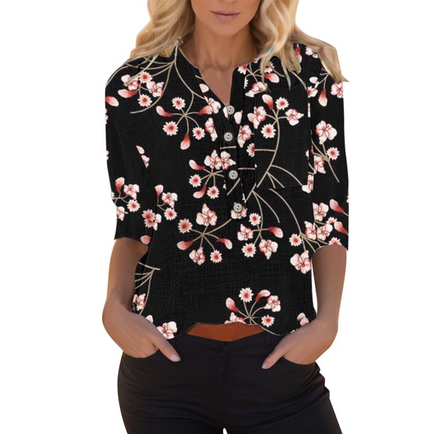 Gibobby Tirantes Para Camisa Blusa de manga cuartos con cuello en O y botones estampados de flores a la informal para mujer(Negro, S)