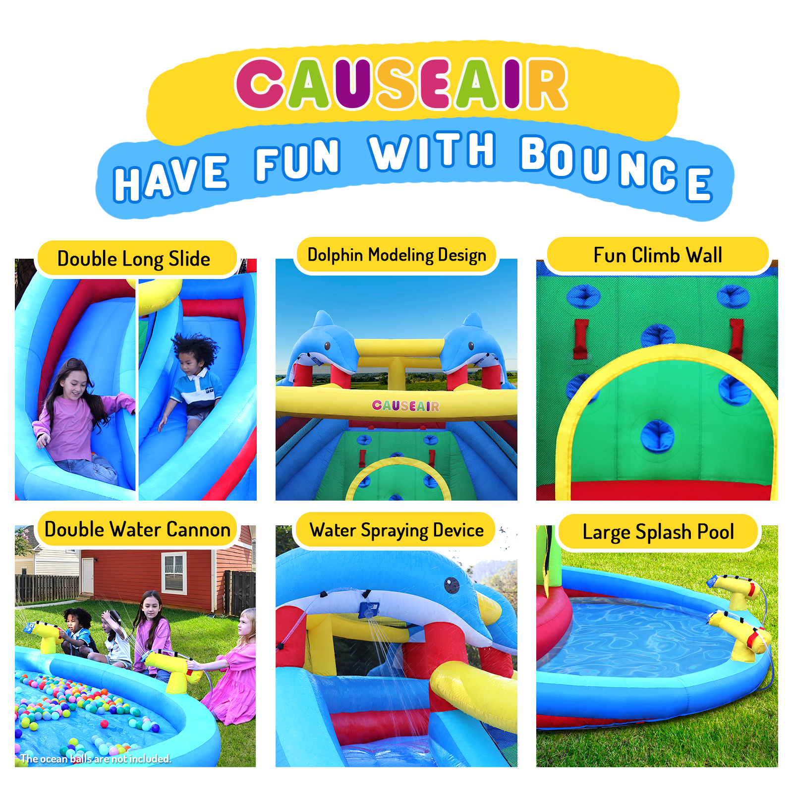 Causeair Inflatable Bounce House with Slide, Splash Pool, Double Cannon, Heavy-Duty Blower, Water Park for Kids