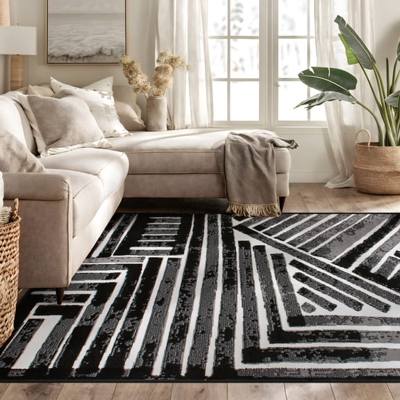 World Rug Gallery Contemporary Stripe Design Area Rug - BLACK 5'X7'