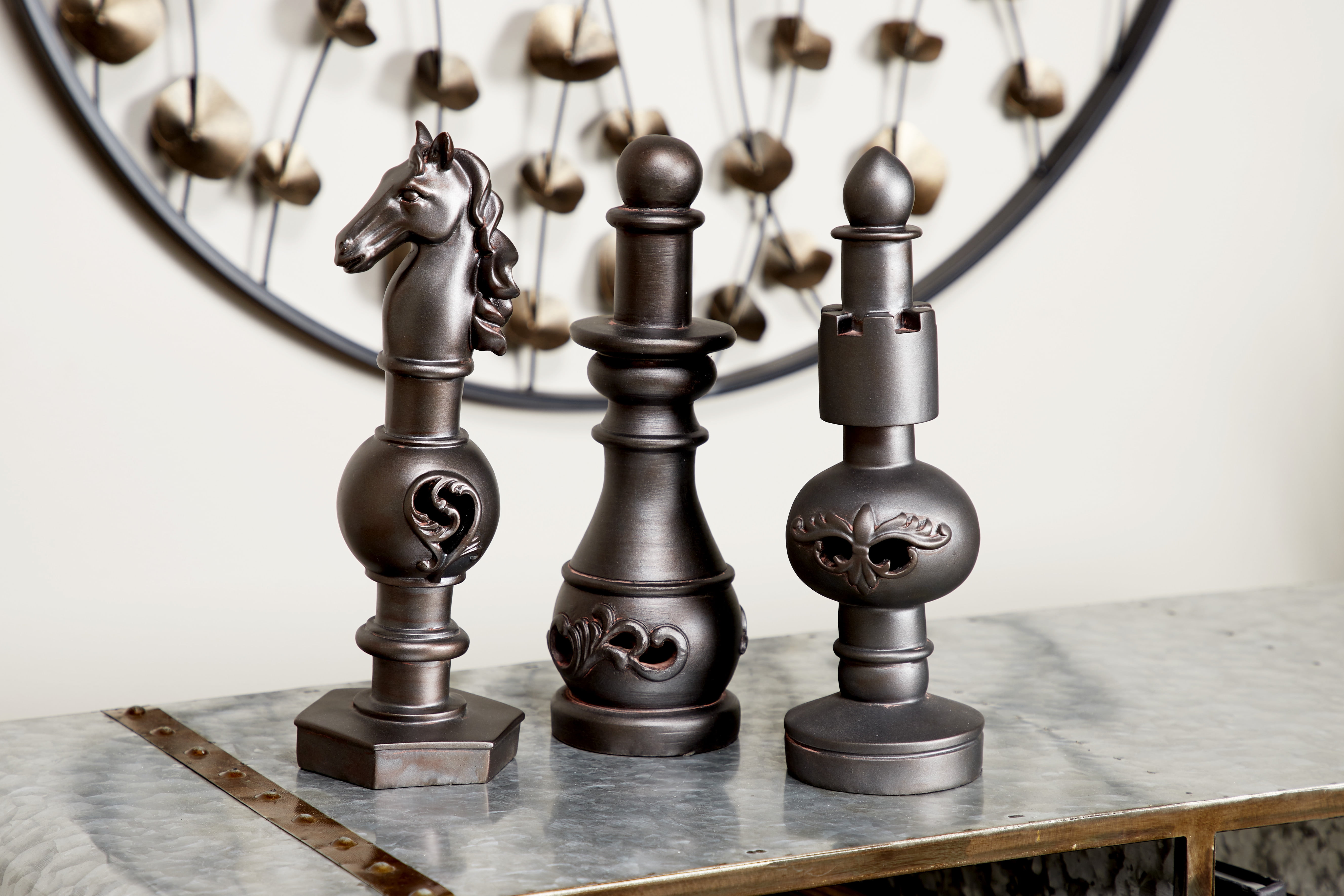 Decmode Large Bronze Decorative Chess Piece Finials Table Decor, Set of