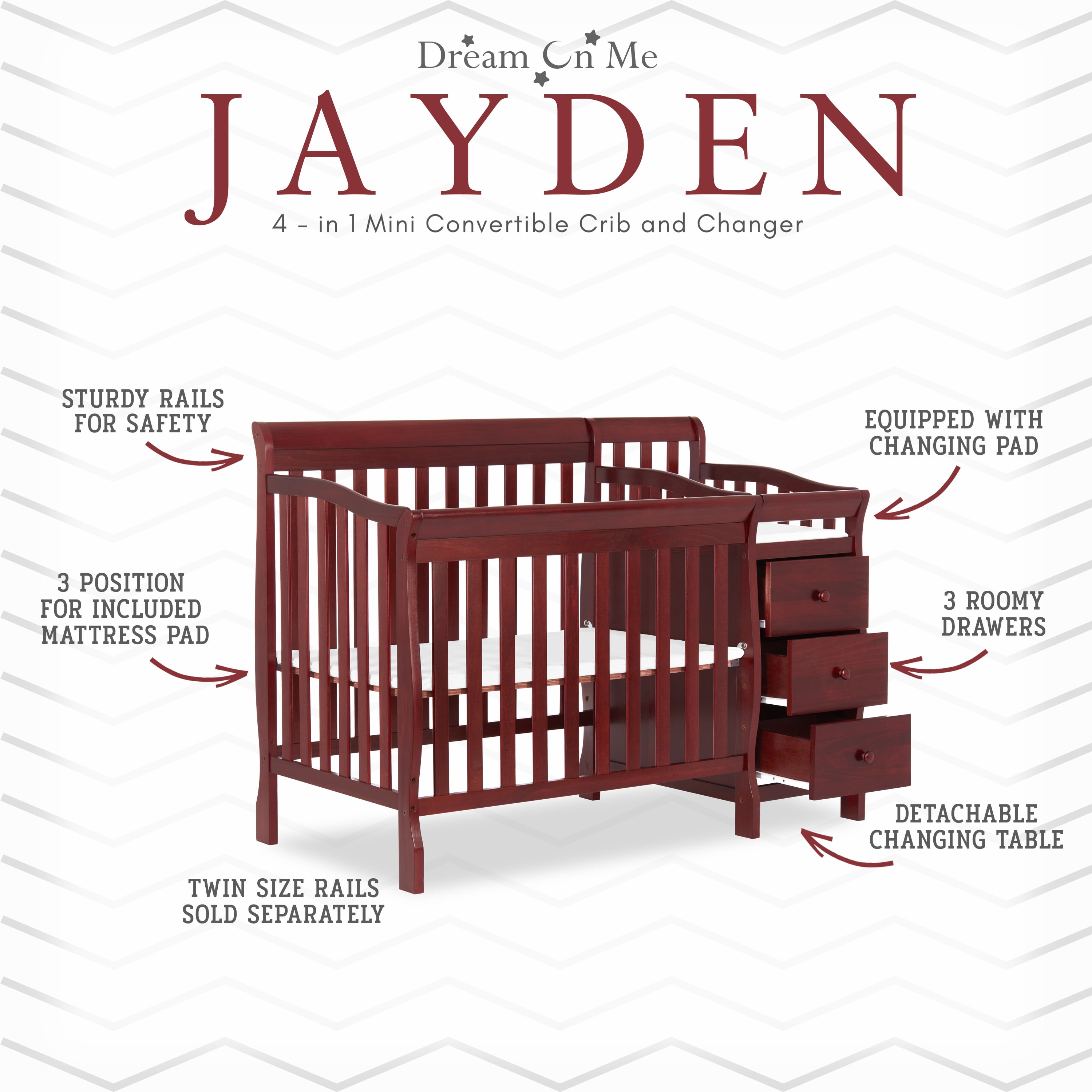Dream On Me Jayden 4-in-1 Convertible Mini Crib and Changer, Cherry