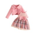 thumbnail image 3 of JIAYUE Toddler Girls 2-Piece Outfit Peter Pan Collar Long Sleeve Solid Color Coat And Straps Bow Plaid Dress For Casual Parties,9-12 Months, 3 of 6
