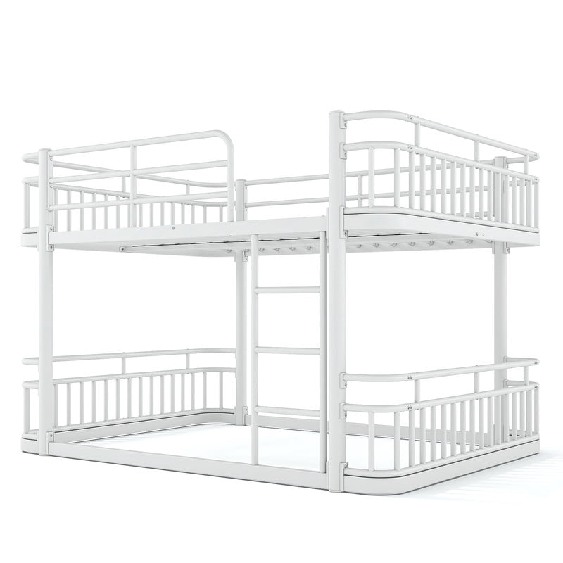 Queen over Queen Bunk Bed with Built-in Ladder & Safe Guardrails, Curved-Edge Sleek Metal Bed Frame with No Slat Floor Bed