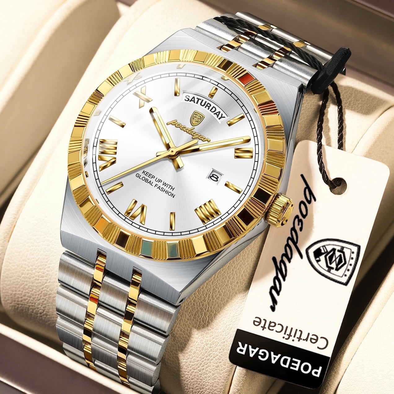 POEDAGAR Luxury Men's Waterproof Luminous Wrist Watch with Date Week Display Stainless Steel Strap