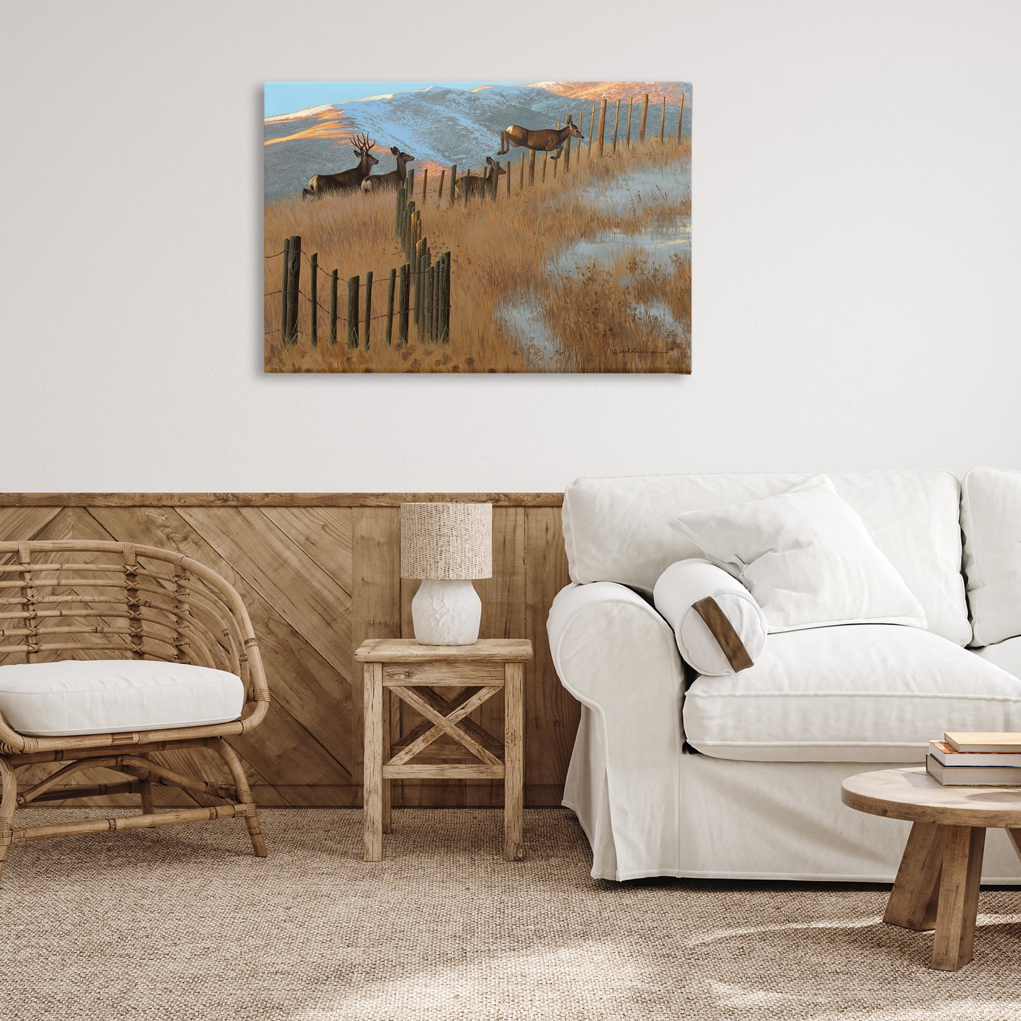 Stupell Industries Deer Jumping Country Fence Landscape & Nature Painting Wrapped Canvas Art Print Wall Art, 36 x 24