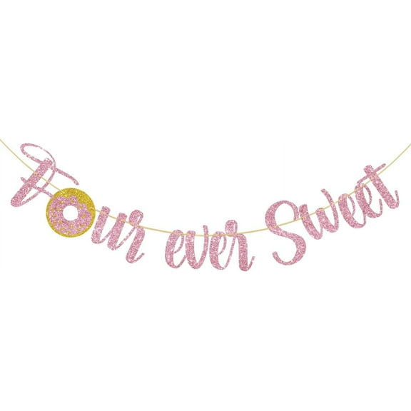 Four Ever Sweet Banner, Doughnut Theme 4th Birthday Party Sign, Happy 4th Birthday/Donut Grow Up, Pink Glitter Girls 4th Birthday Party Decoration Bunting Garland Photo Booth Props