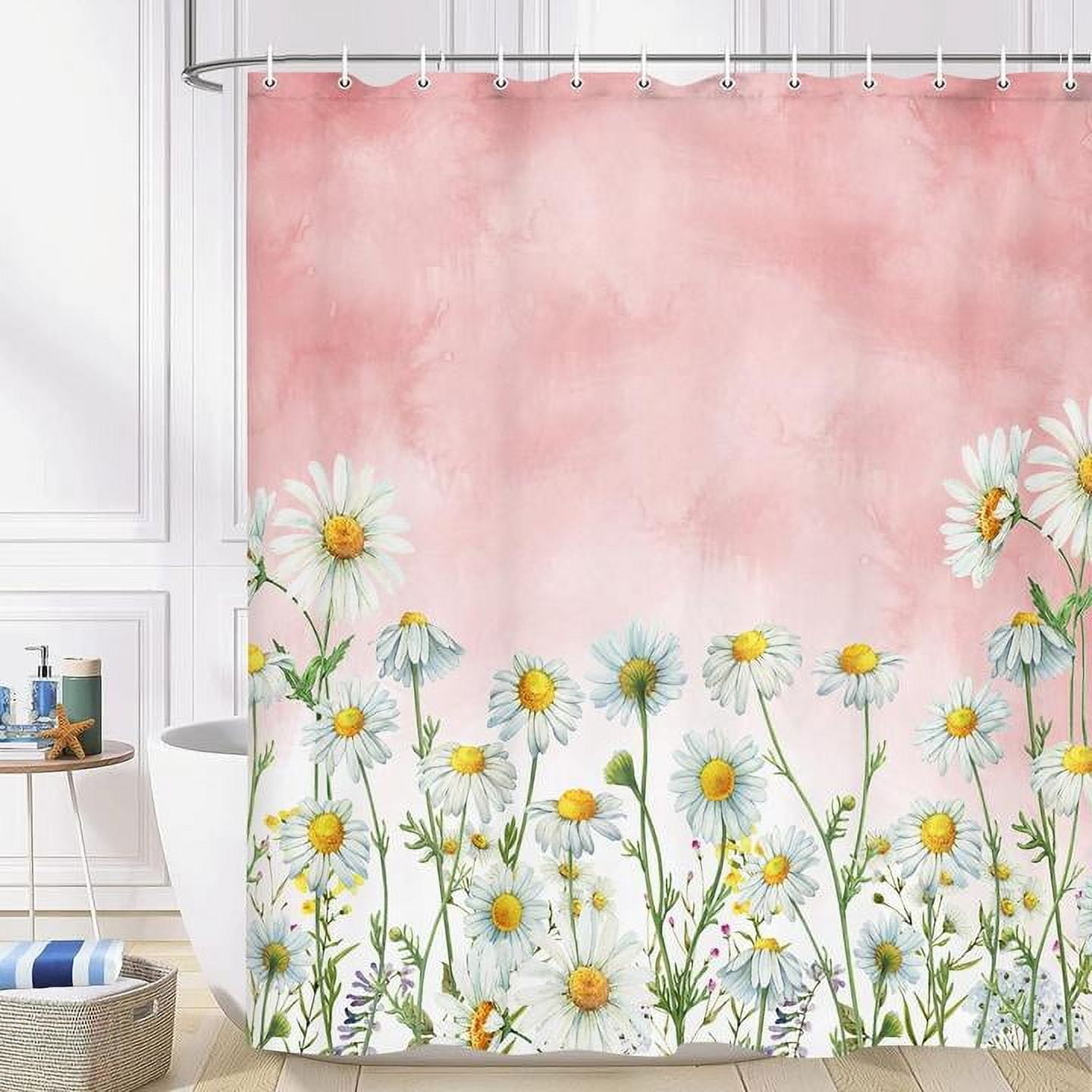 Daisy Shower Curtain, Floral Daisy Fabric Bathroom Curtains, Rustic Farmhouse Boho Shower Curtain Set, White Daisy Bathroom Shower Curtain with 12PCS Hooks, 36X70IN（Red）