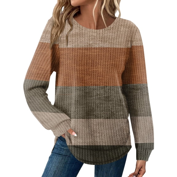 Kixjoy Crewneck Sweater Women Plus Size Casual Long Sleeve Tunic Top Loose Fit Waffle Knit Plaid Shirts Fashion Winter Womens Tops, Khaki XL