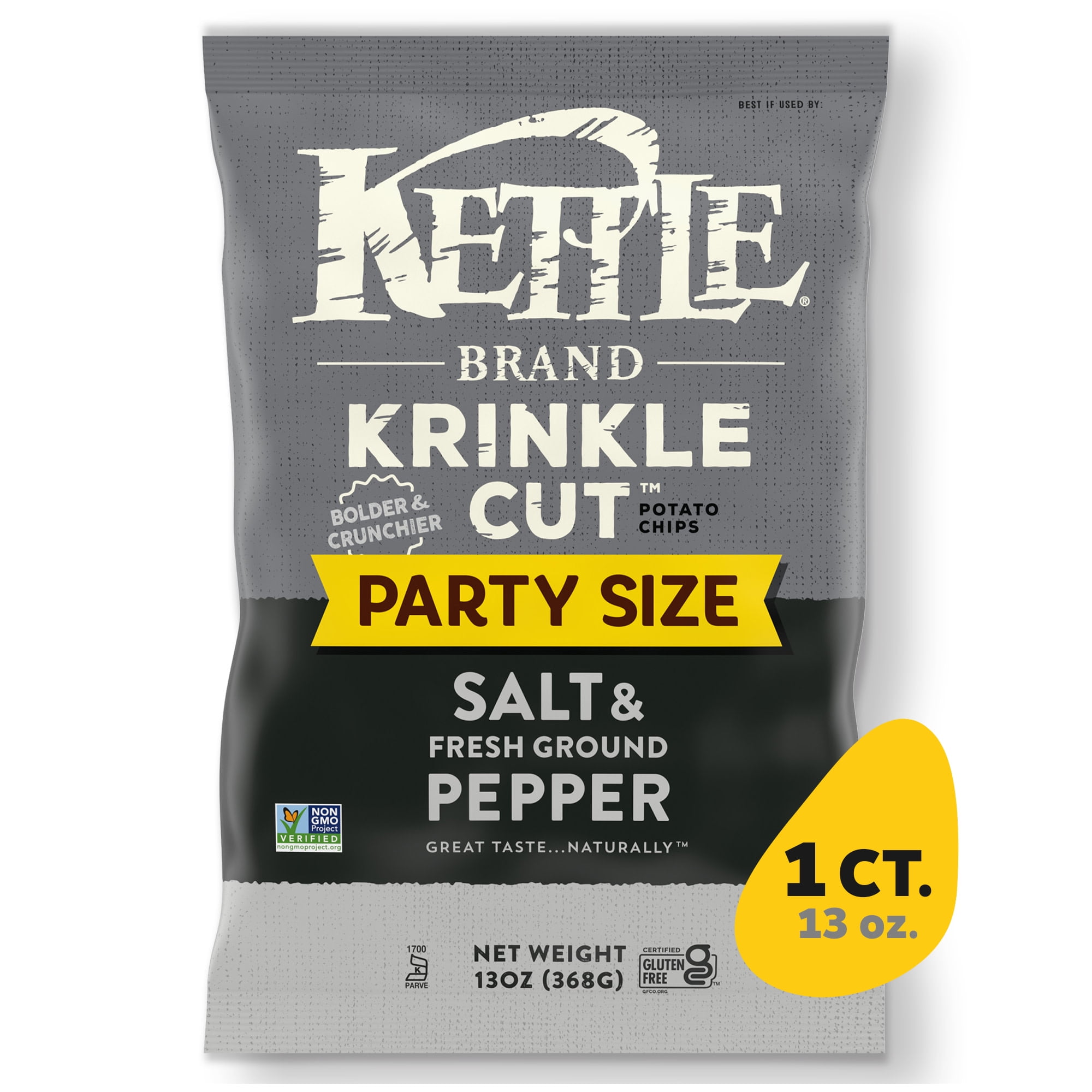 Kettle Brand Potato Chips, Krinkle Cut, Salt & Ground Pepper Kettle Chips, Party Size, 13 oz