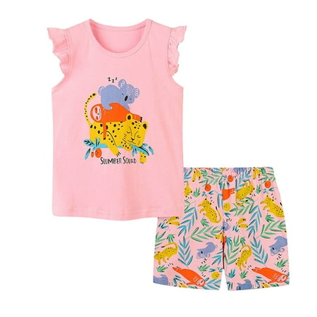 Gubotare Girls Outfits Summer Girls 2 Piece Outfit Ruffle Trim Tee Top with Paperbag Waist Shorts Set Pink 3-4 Years