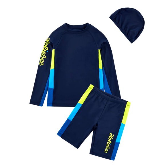 Maillots de Bain Garçons Maillot Dermoprotecteur Maillot de Bain Manches Longues Ensembles de Bain 2 Pcs Taille 5-14 Ans Bleu Foncé
