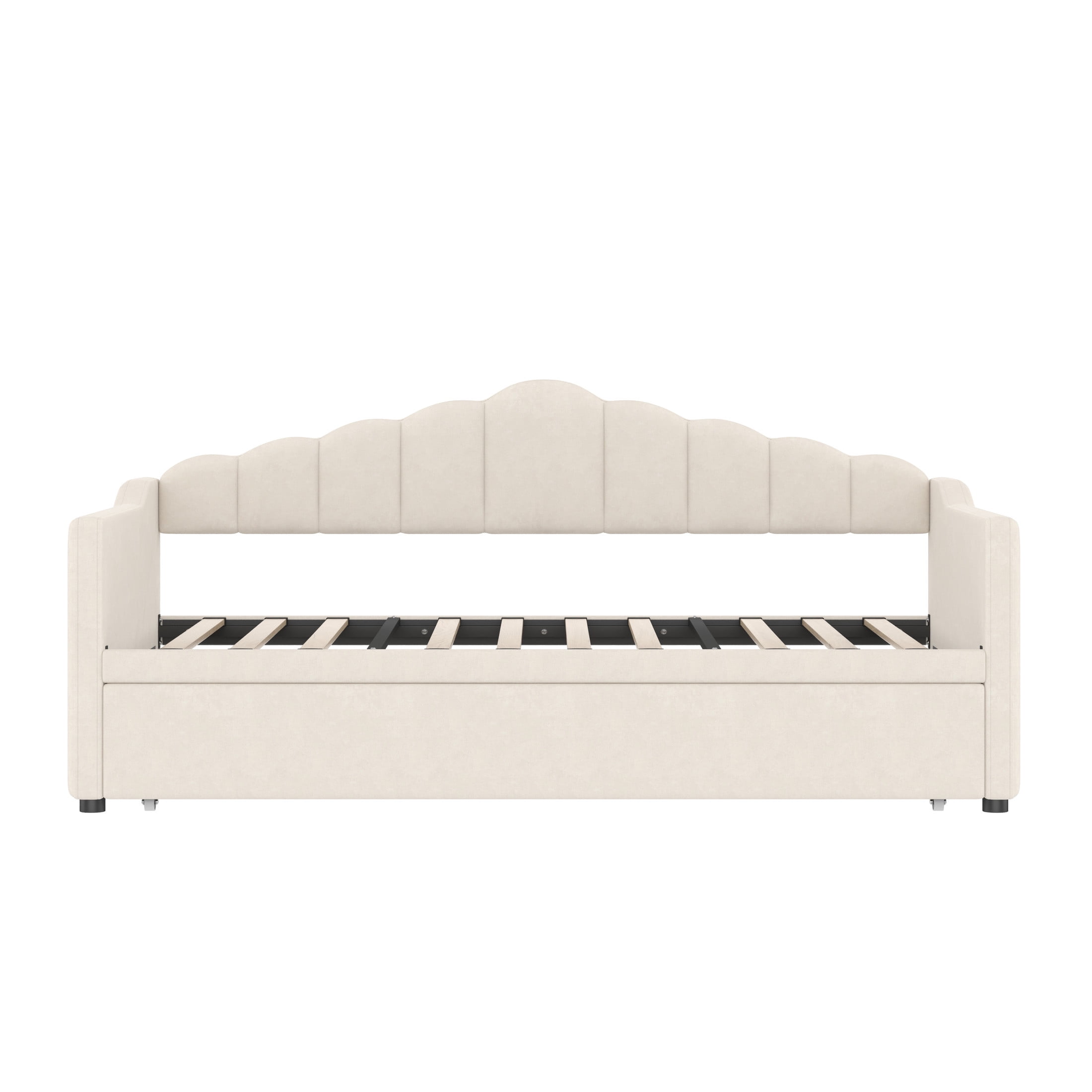 Noble House Upholstered Twin Size Daybed with Adjustable Height Pop Up Trundle Twin Bed and Charging Port 2 Side Pockets,Beige