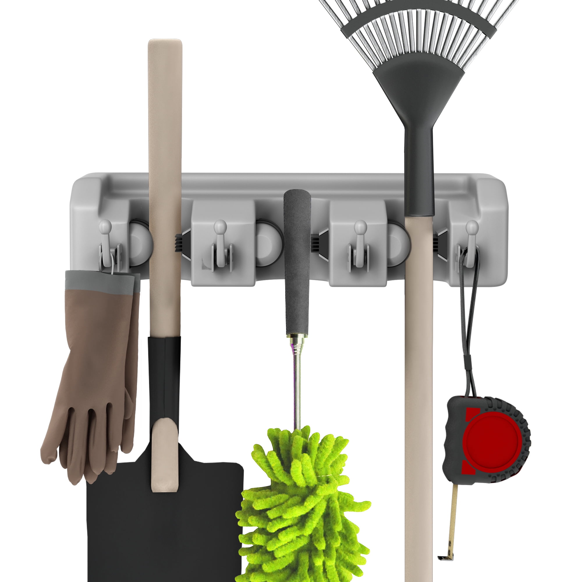 Stalwart 2-Pack Wall Storage Organizer - Garage Utility Rack with 3 Adjustable Slots and 4 Hooks - Ideal for Garden Tools, Mops, and Brooms - Gray