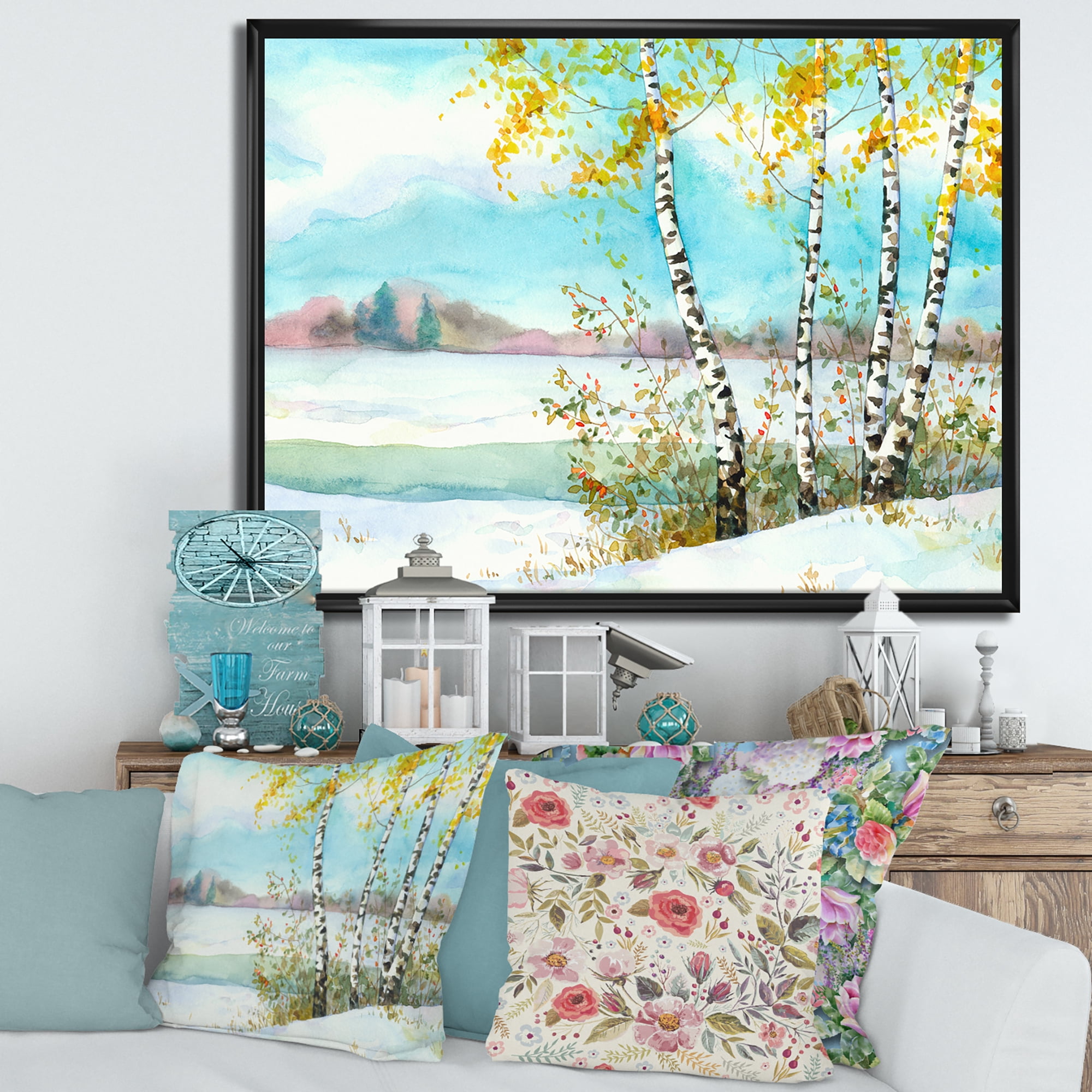 Designart 'Birches In Snowy Land' Lake House Framed Canvas Wall Art Print