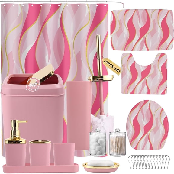 Pink and Gold Bathroom Set with Shower Curtain Rugs Trash Can Soap Dispenser and Soap Dish