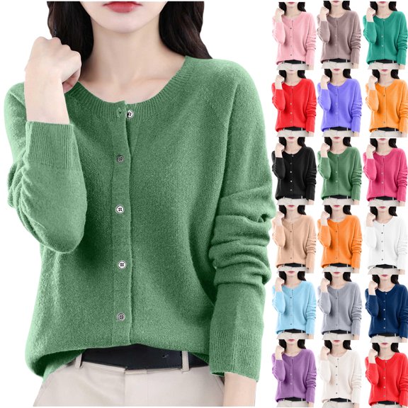 Cardigan Sweaters for Women Lightweight Solid Color Long Sleeve Button-Up Round Neck Casual Fashionable Fisherman Cable Knit Sweater