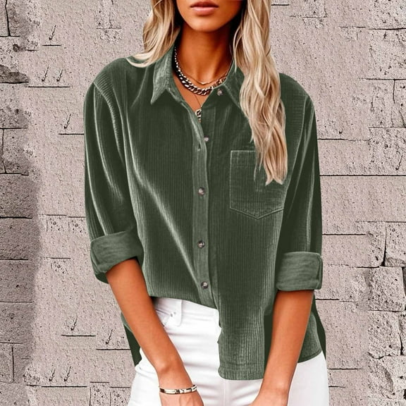 Fglymey Womens Tops Winter Velvet V Neck Long Sleeve Button Down Pocket Casual Tops Shirts Army Green XL