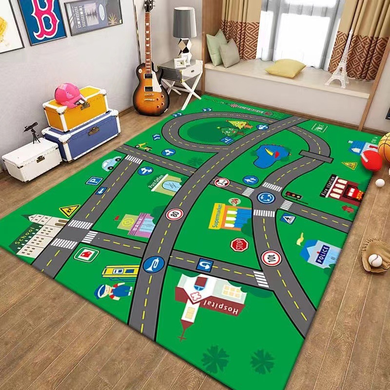 Tapis De Jeu Ville 80x120 Cm Avec Pistes De Voiture - En PVC, Antidérapant, Pour Enfants (couleur Verte) - 4