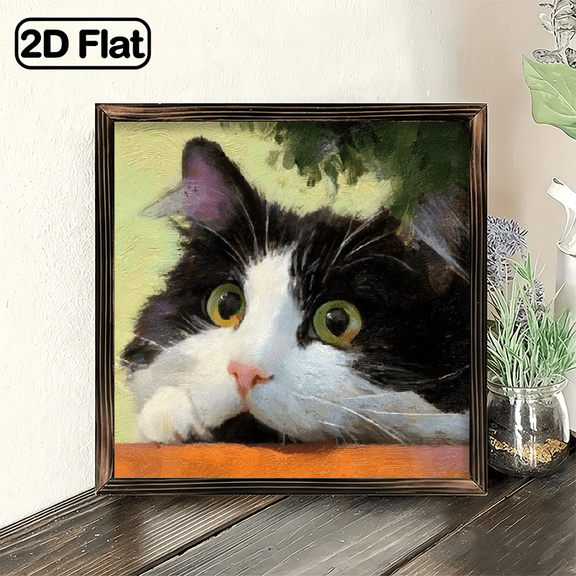 2D Flat 1Pc Frame Sign Black and white cat, green eyes, impressionist oil painting style Frame Wall Art Wall Pediments, 8x8inch Wall Decor Home Decorations, Perfect for Room Decor Living Room Be