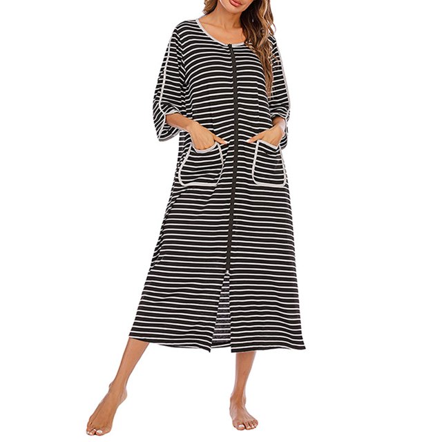 Faithtur Chemise de Nuit d'Été pour Femmes Grande Taille Rayures Col Rond Fermeture Éclair Jupe de Nuit