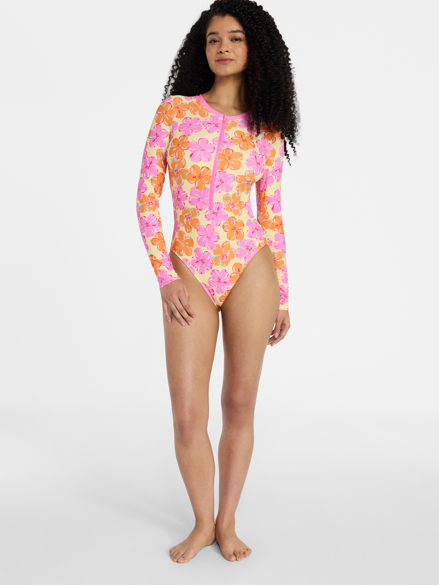 No Boundaries Hilo Hibiscus Cutout One-Piece Swimsuit with Long Sleeves, Women's XXS-XXL