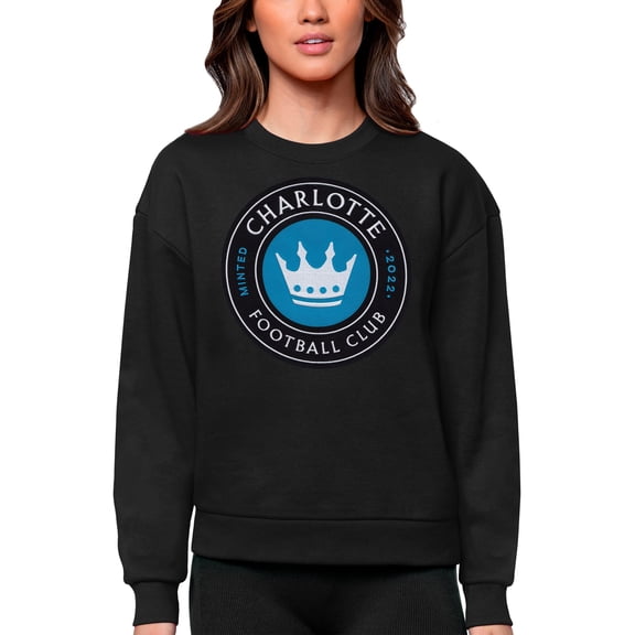Women's Antigua Black Charlotte FC Team Logo Victory Pullover Sweatshirt