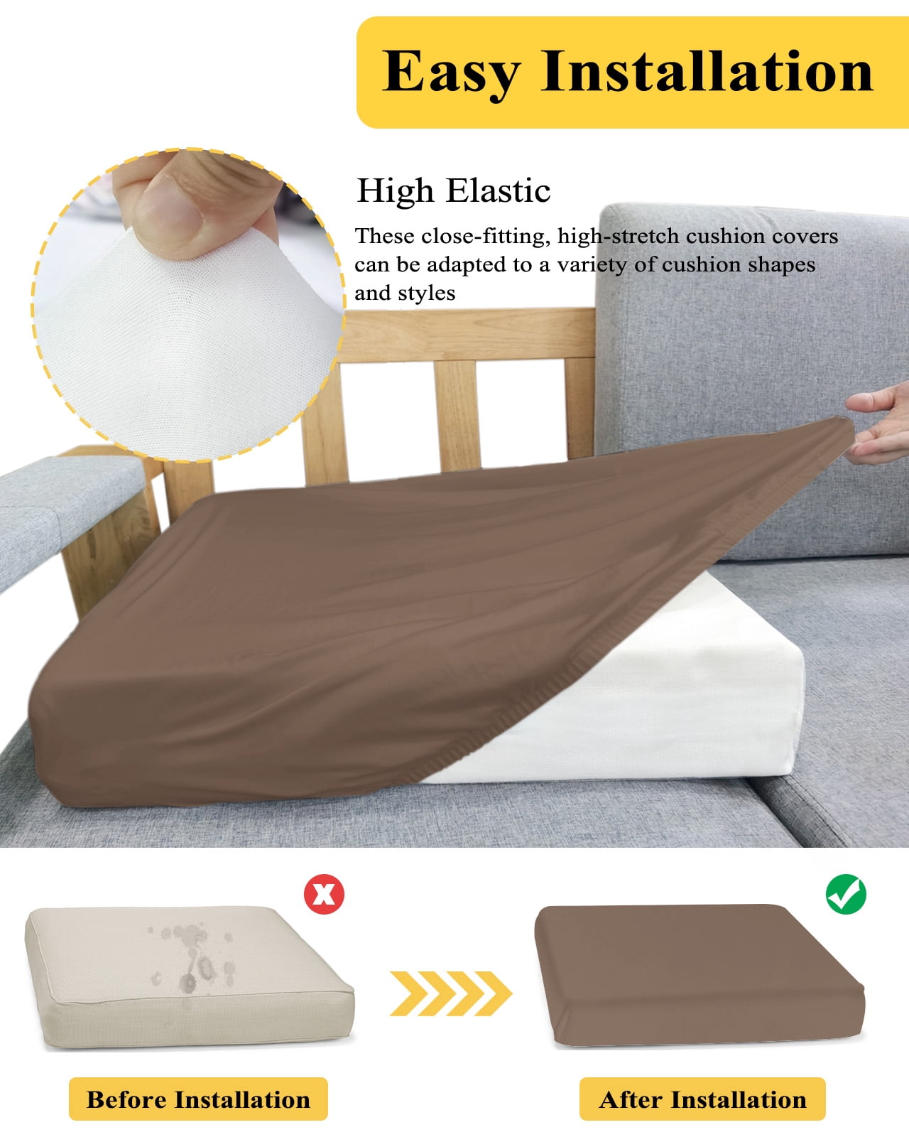 Pure Brown Couch Cushion Covers Stretch, Washable Sofa Seat Covers Individual Seat Cushion Sofa Slipcovers Simple Solid Color Couch Cover Furniture Protector S-1PCS