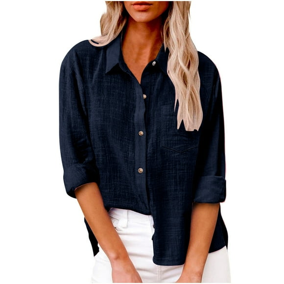 Womens Button Down Shirts Long Sleeve Plus Size Dressy Casual Tops with Pockets Loose Fit Lapel Tunic Tops Pleated Satin Silk Business Blouses 2025 Fashion Cotton Summer Linen Work Tops XXXXL