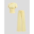 thumbnail image 3 of Women's Short Sleeve Slim Fit Top & Drawstring Wide Leg Pants Elegant 2 Piece Outfit Set, 3 of 8