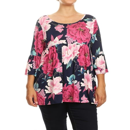 Bell Pleated Cuff Shirt MOA COLLECTION Women's Plus Size Casual Floral Pattern Print 3/4 Bell Sleeve Pleat Top Tee/Made in USA ()