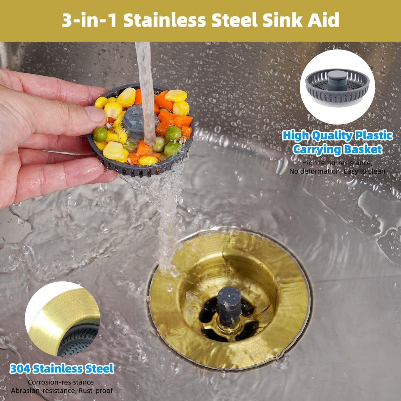 Upgraded 3 in 1 Kitchen Sink Drain Strainer and Stopper Combo, Stainless Steel Metal Pop Up Sink Stopper, 3 Anti-Clogging Basket Strainers for US Standard 3-1/2 Inch Drain, Brushed Gold