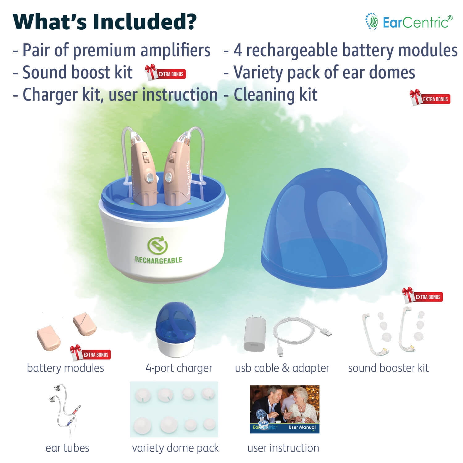 DX400 Rechargeable Hearing Amplifiers - low cost hearing ear assist senior Amplifier - Pair - FREE 2X replaceable battery modules