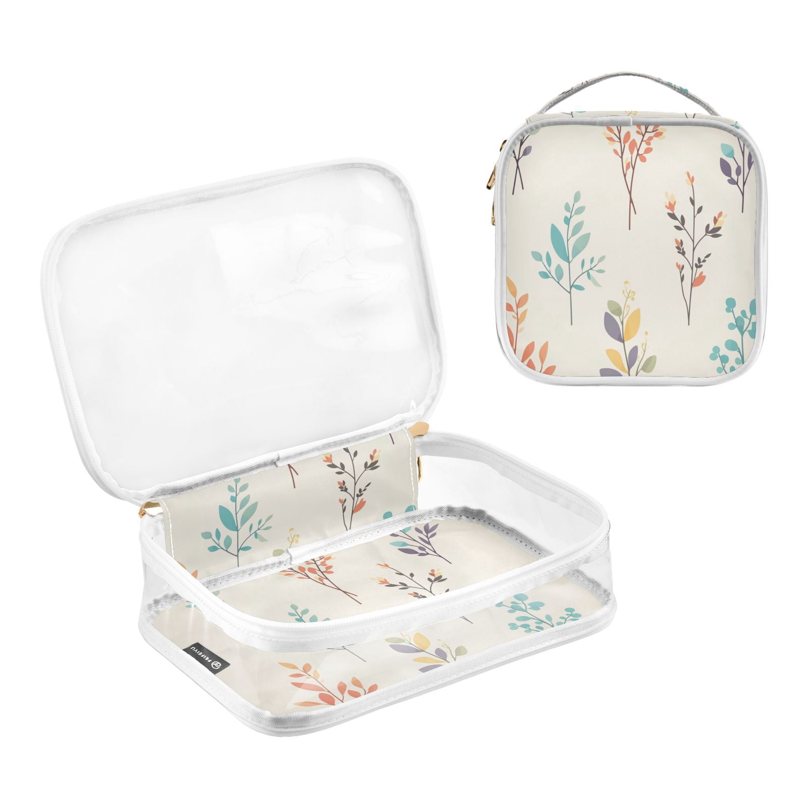 Clear Makeup Bags with Handle Large Opening 2 Pack Set Toiletry Bag Quart Size Bag, for Women Man Traveling Travel Essentials, Toiletries and Other. Leafs Vibrant Illustration
