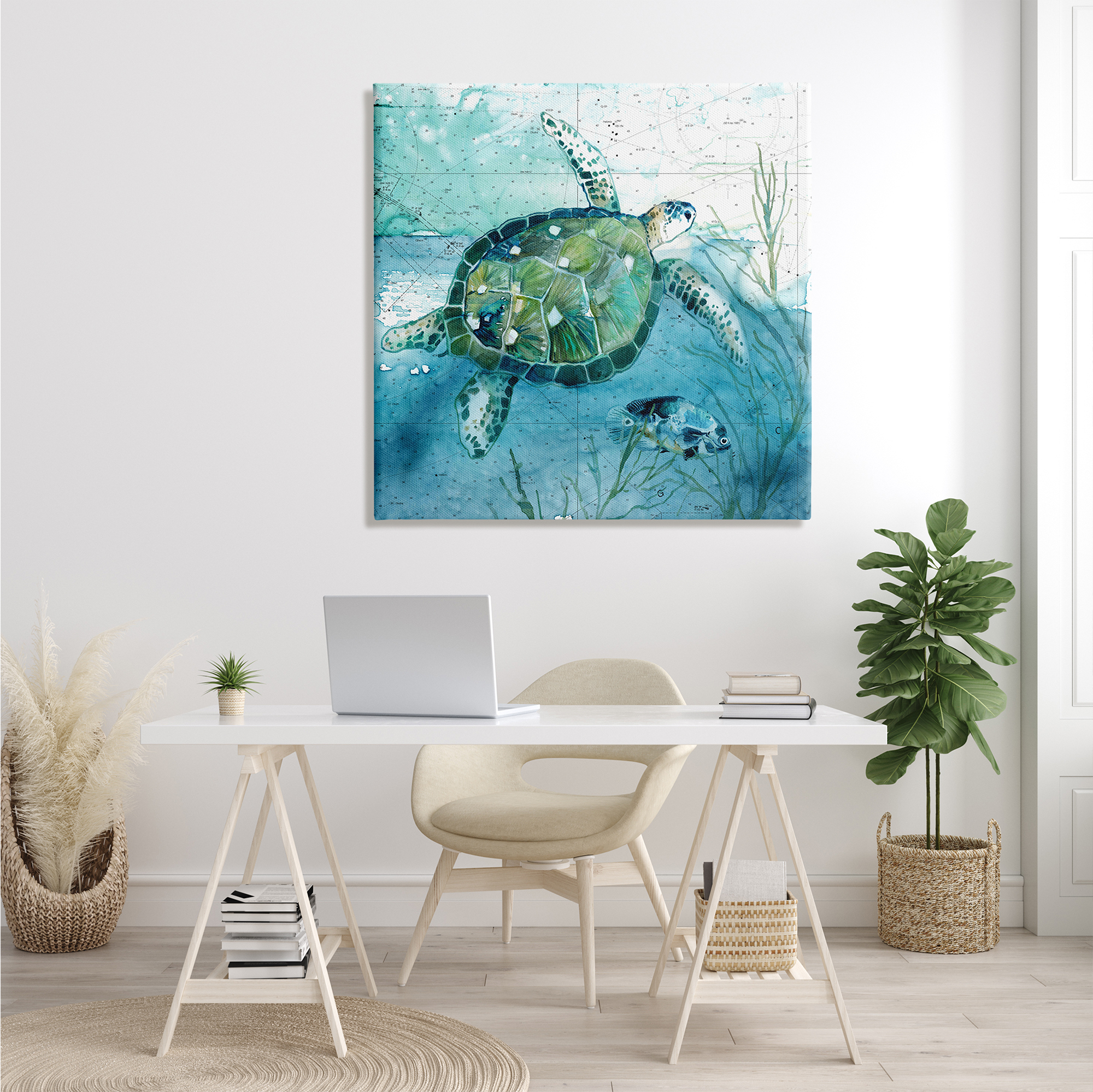 Stupell Industries Sea Tortoise and Fish over Blue Nautical Ocean Map Animals & Insects Painting Gallery Wrapped Canvas Print Wall Art, 36 x 36