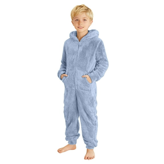 Huowey Girls Fall Outfit Fuzzy Snowsuit Hooded Romper Winter Warm Soft Lined Zipper Solid Color Thick Warm Jumpsuit Kids Clothing Set,Blue,5-6 Years
